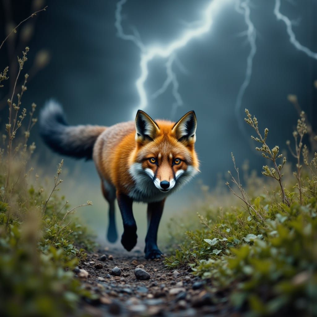 fox in a summer storm