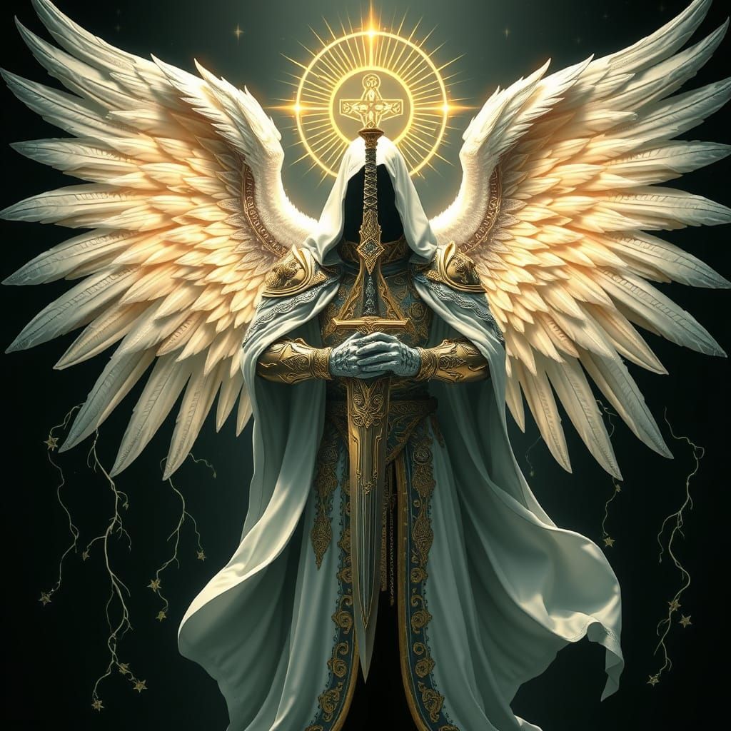 Celestial Figure in Gilded Armor with Sword of Light