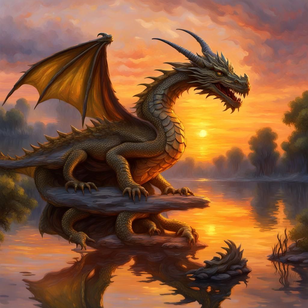 Dragon at Serene Lakeside: Impressionist Oil Painting