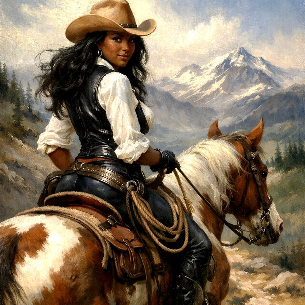 Cowgirl Riding Pinto Horse in Oil Painting Style