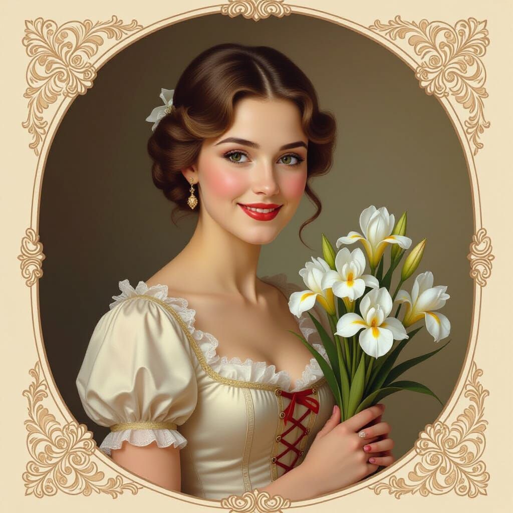Elegant Woman with Iris Bouquet in Photorealistic Style