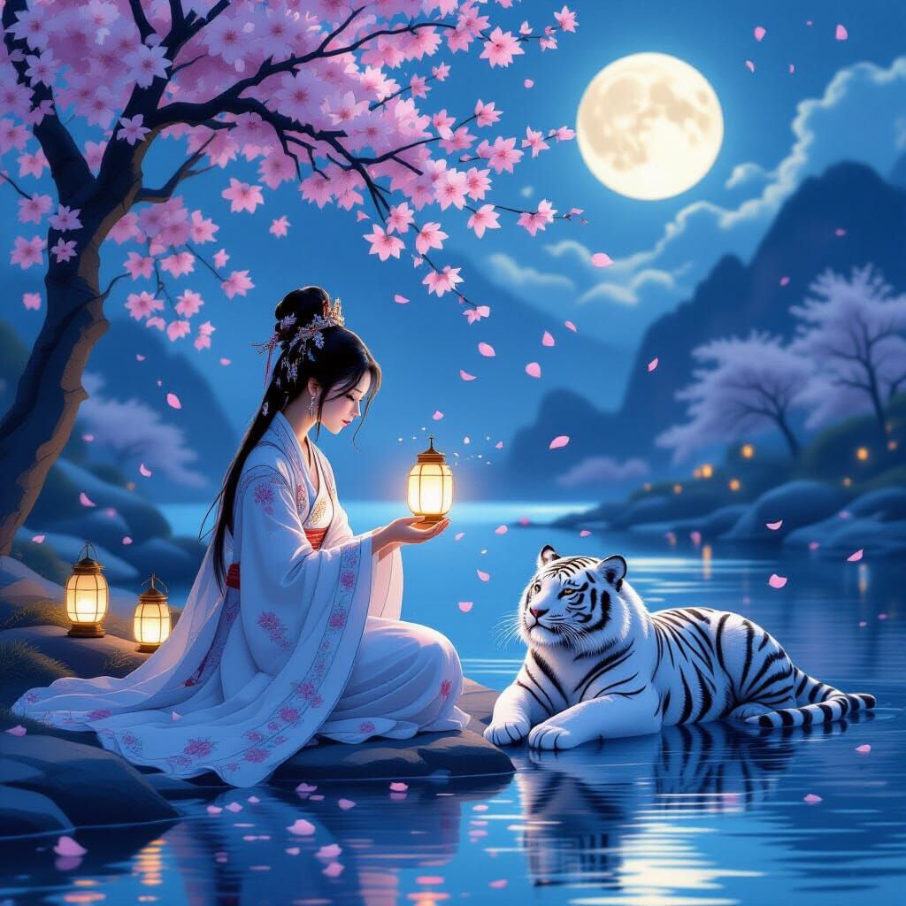Moonlit Princess Releases Lanterns by River
