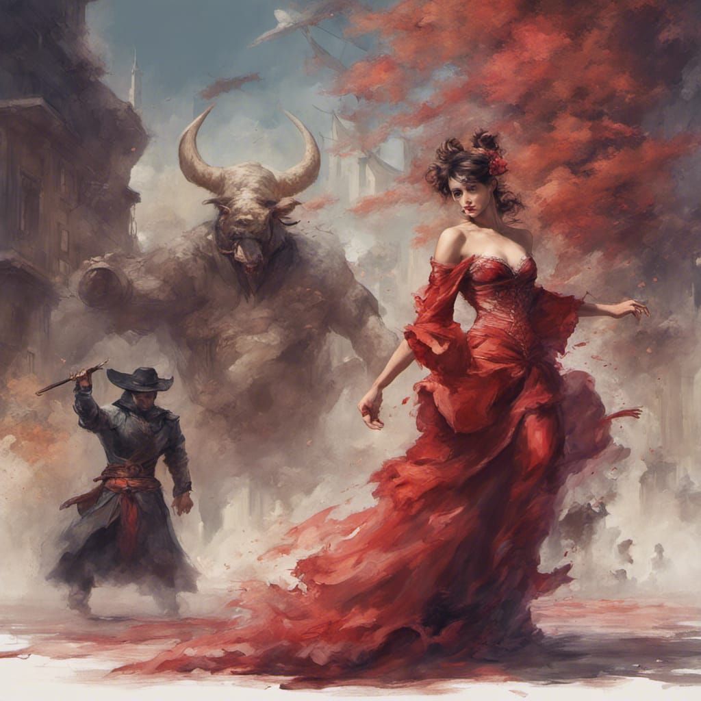 Spanish Dancer with Bull in Impressionist Style