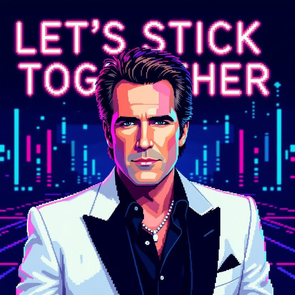 Bryan Ferry Pixel Art Portrait in Retro Neon Style