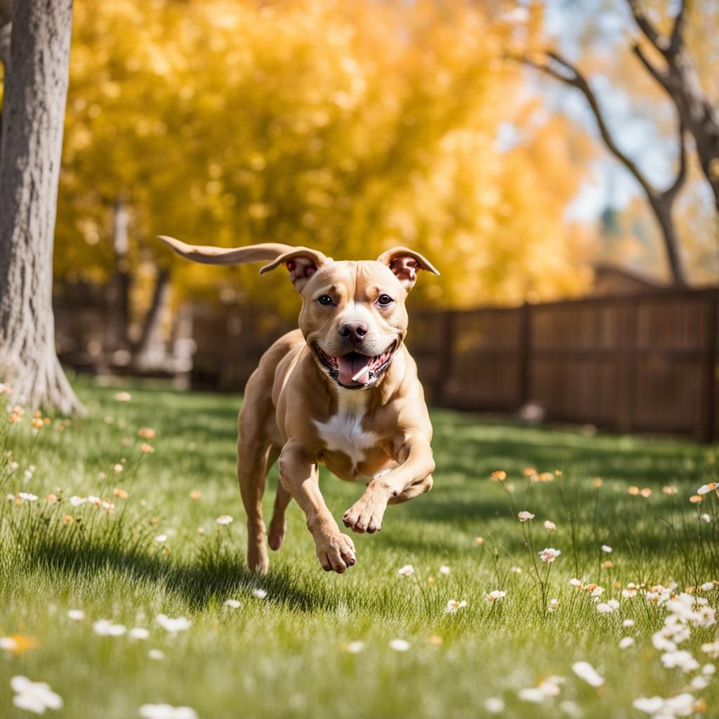 Tan Pit Bull Mix Runs in Cottonwood Backyard