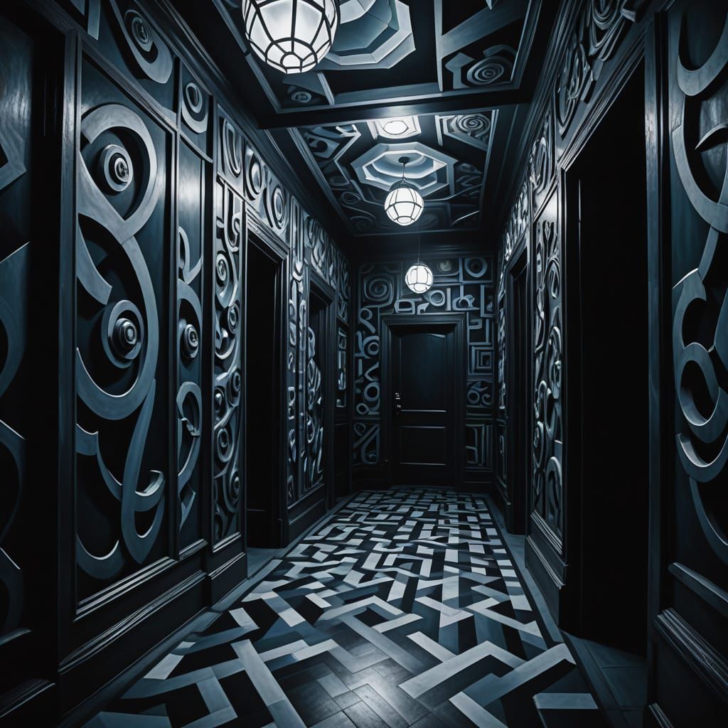 Surreal Geometric Hallway in Cool Tones