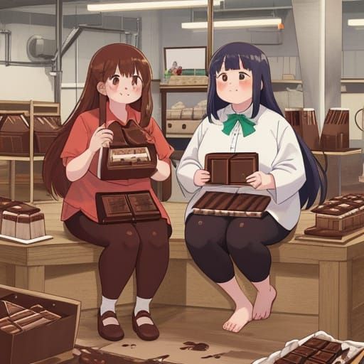 Anime Girls Covered in Chocolate in Factory