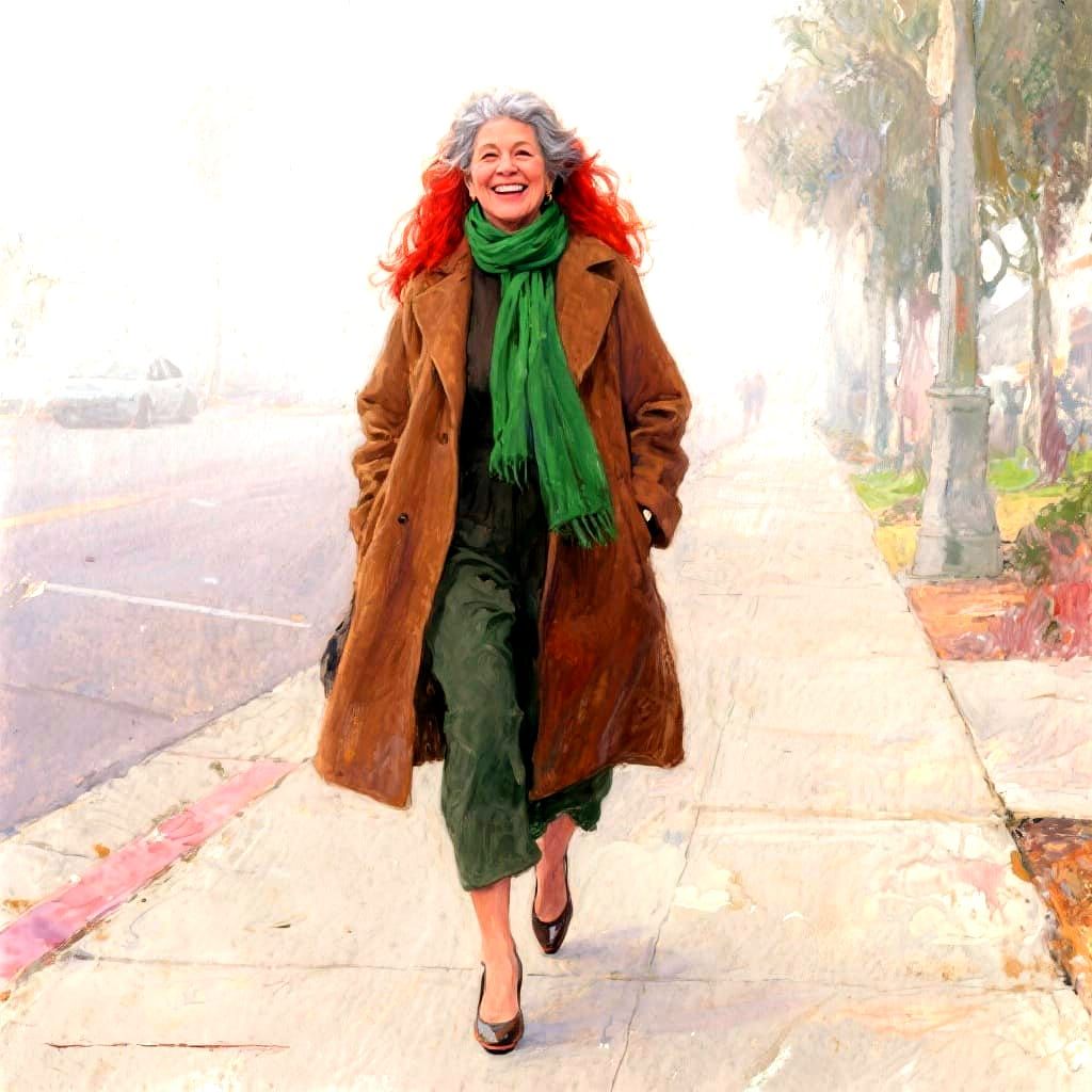 Impressionistic Watercolor of Woman on Foggy Sidewalk