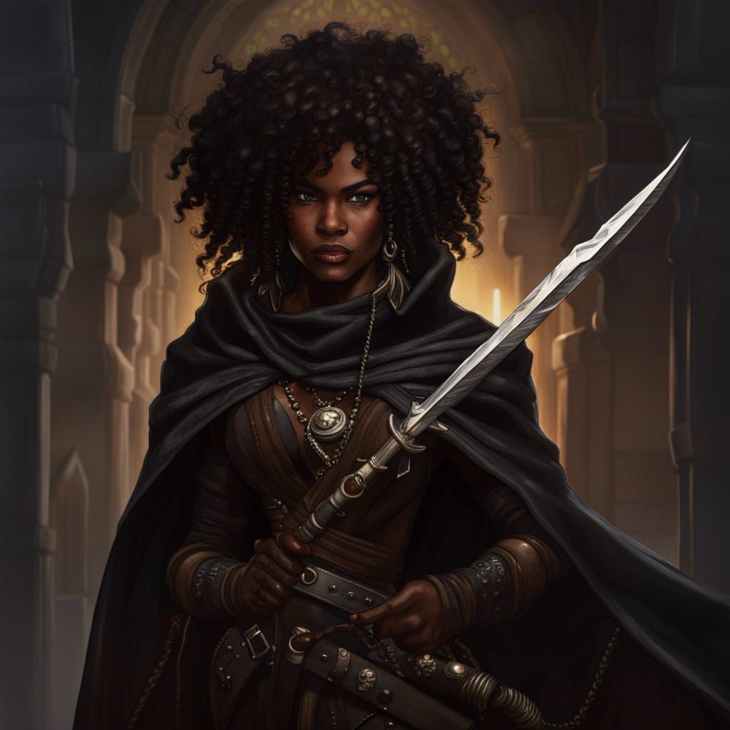 Fantasy Female Rogue with Afro, Cloak and Dagger