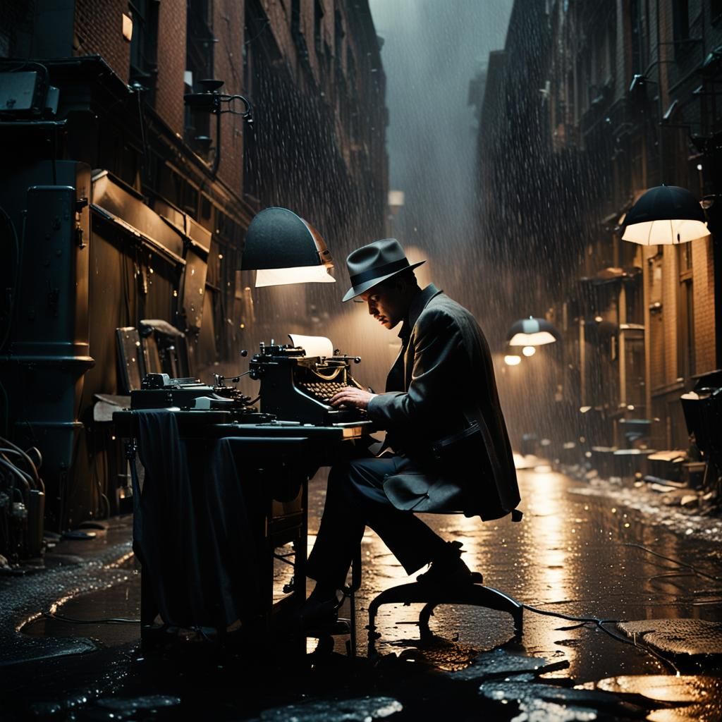 Film Noir Journalist in Rainy City Alley