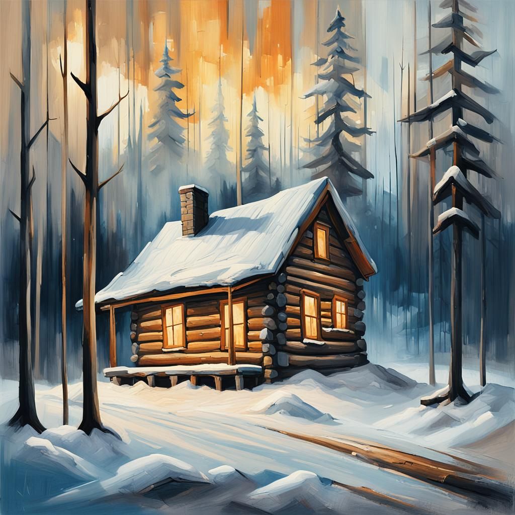 Log Cabin in Winter: An Expressionist Painting