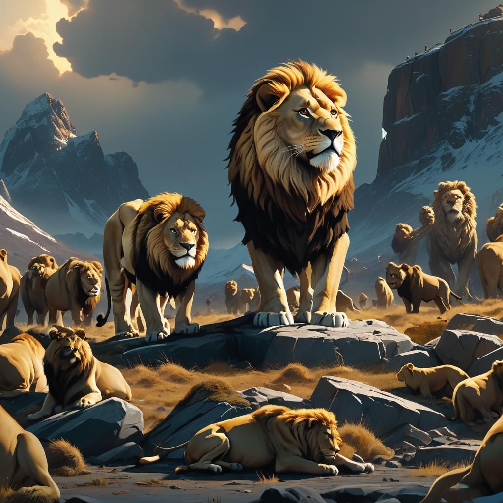 Majestic Lion King in a Gathering of Animals