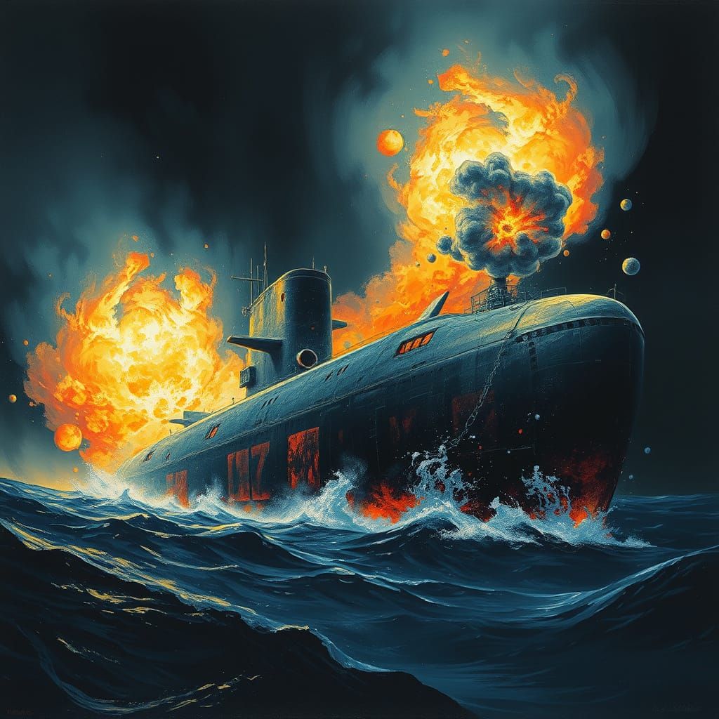 A nuclear-powered Russian submarine exploding and breaking a...