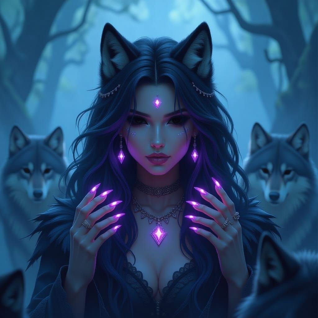 Galaxy Wolf Girl in Foggy Forest Den
