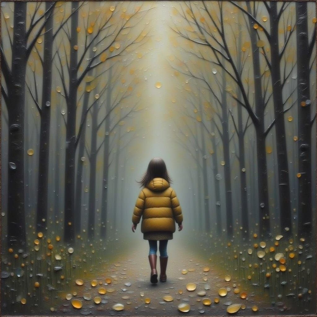 Little Girl Walking in Whimsical Rainy Forest