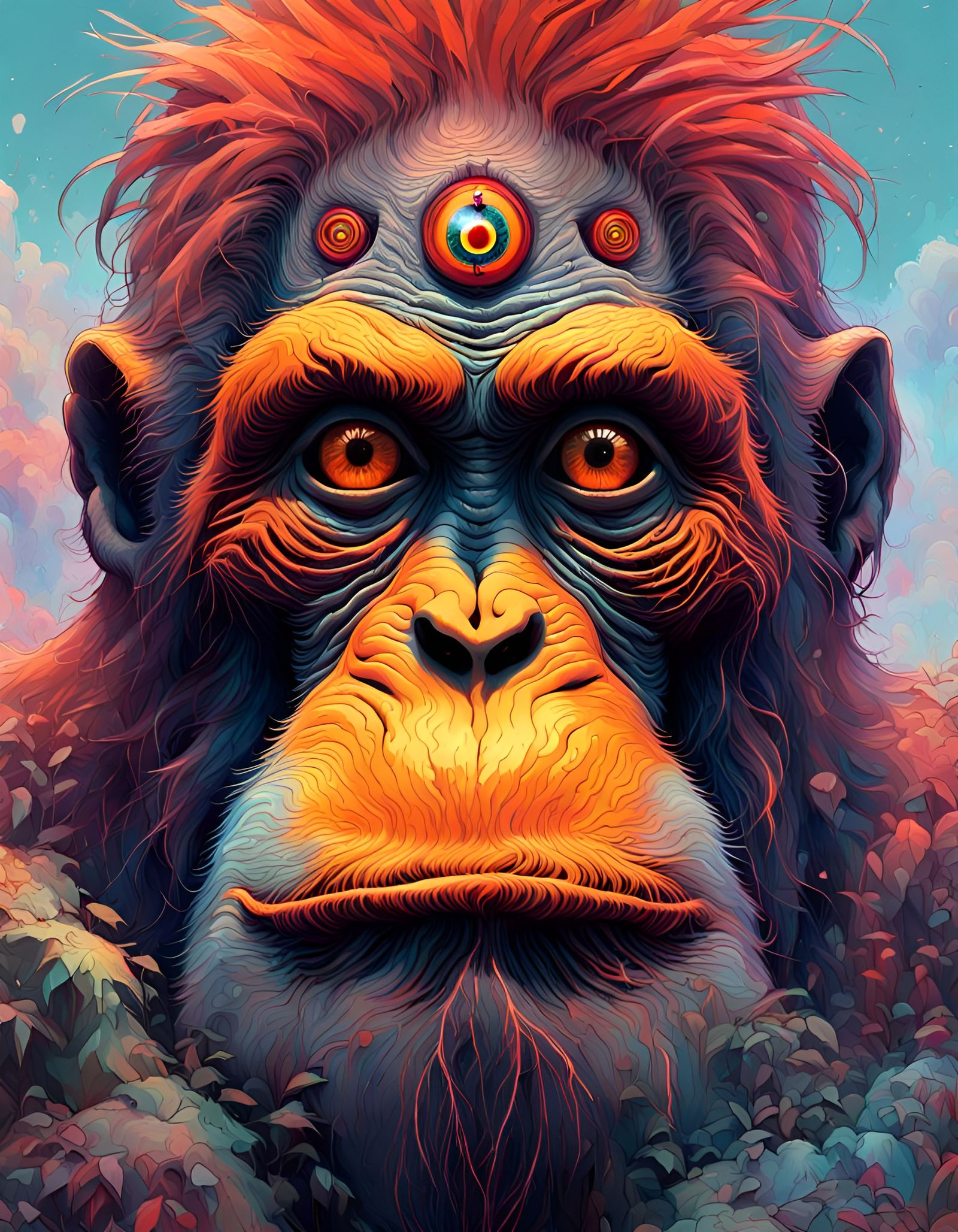 Psychedelic Orangutan Portrait with Third Eye