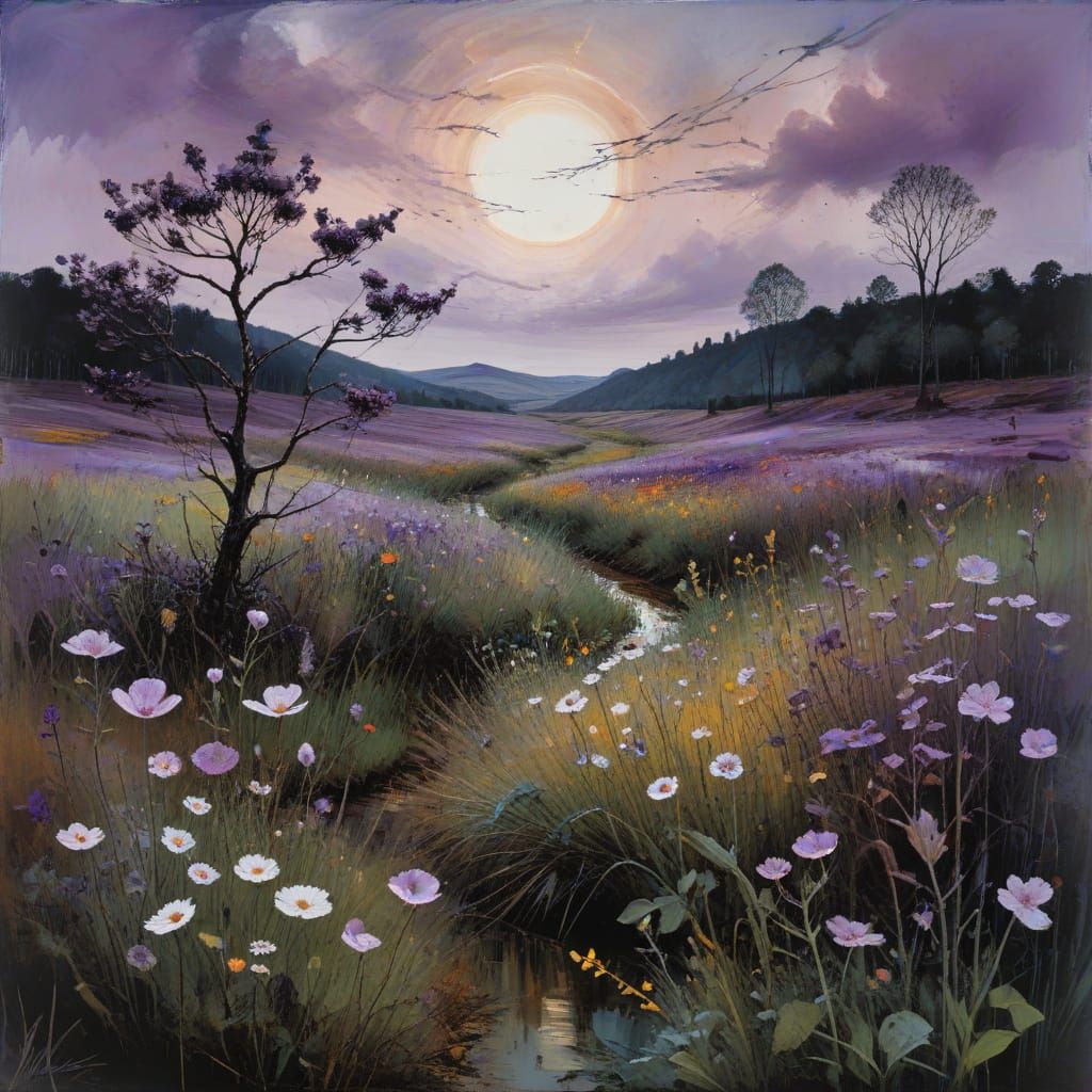 Violet Nature Landscape with Expressive Brushwork