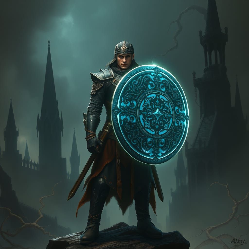 Warrior Shielding Light Against Gothic Darkness