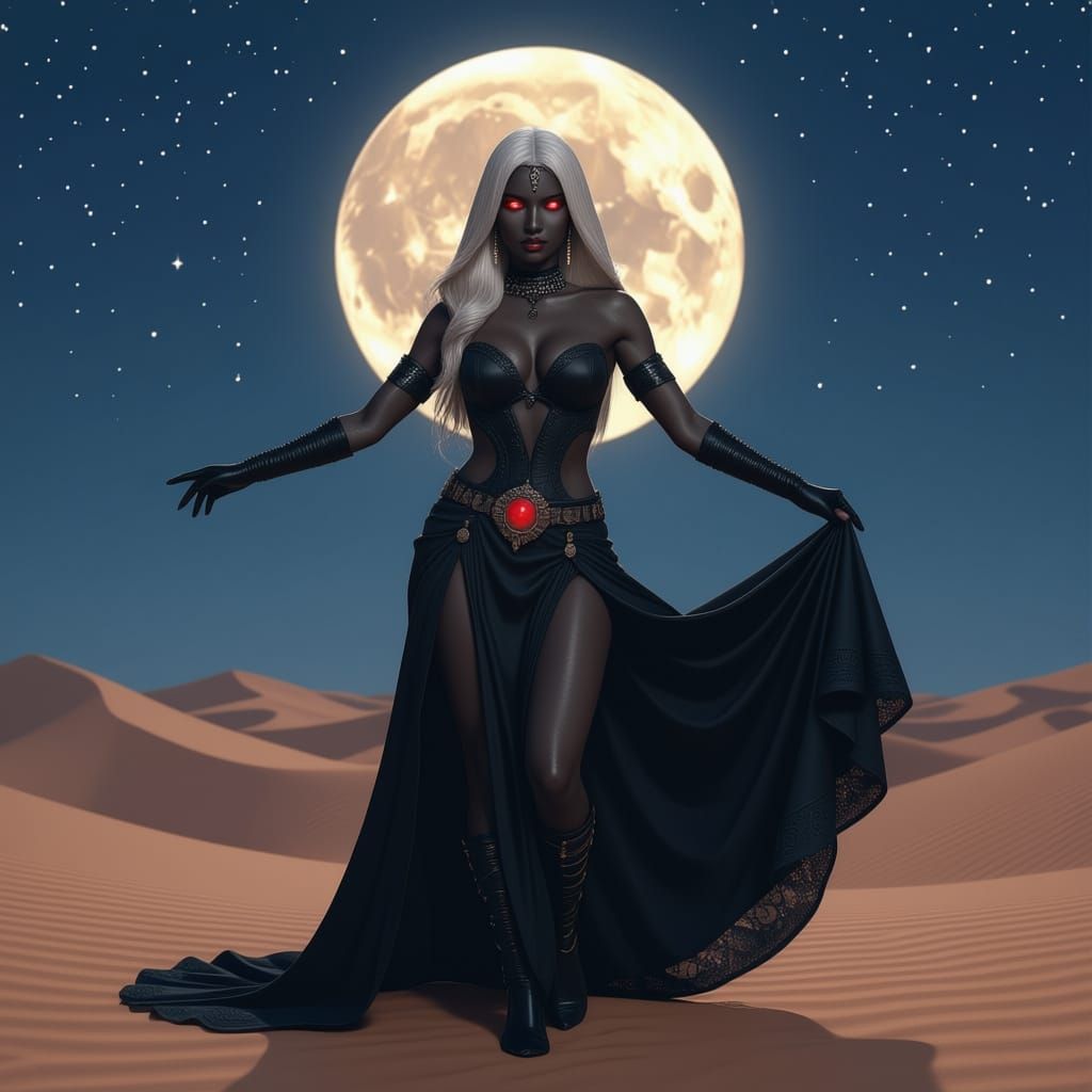 Drow Dancer Under Crescent Moon in Desert Night