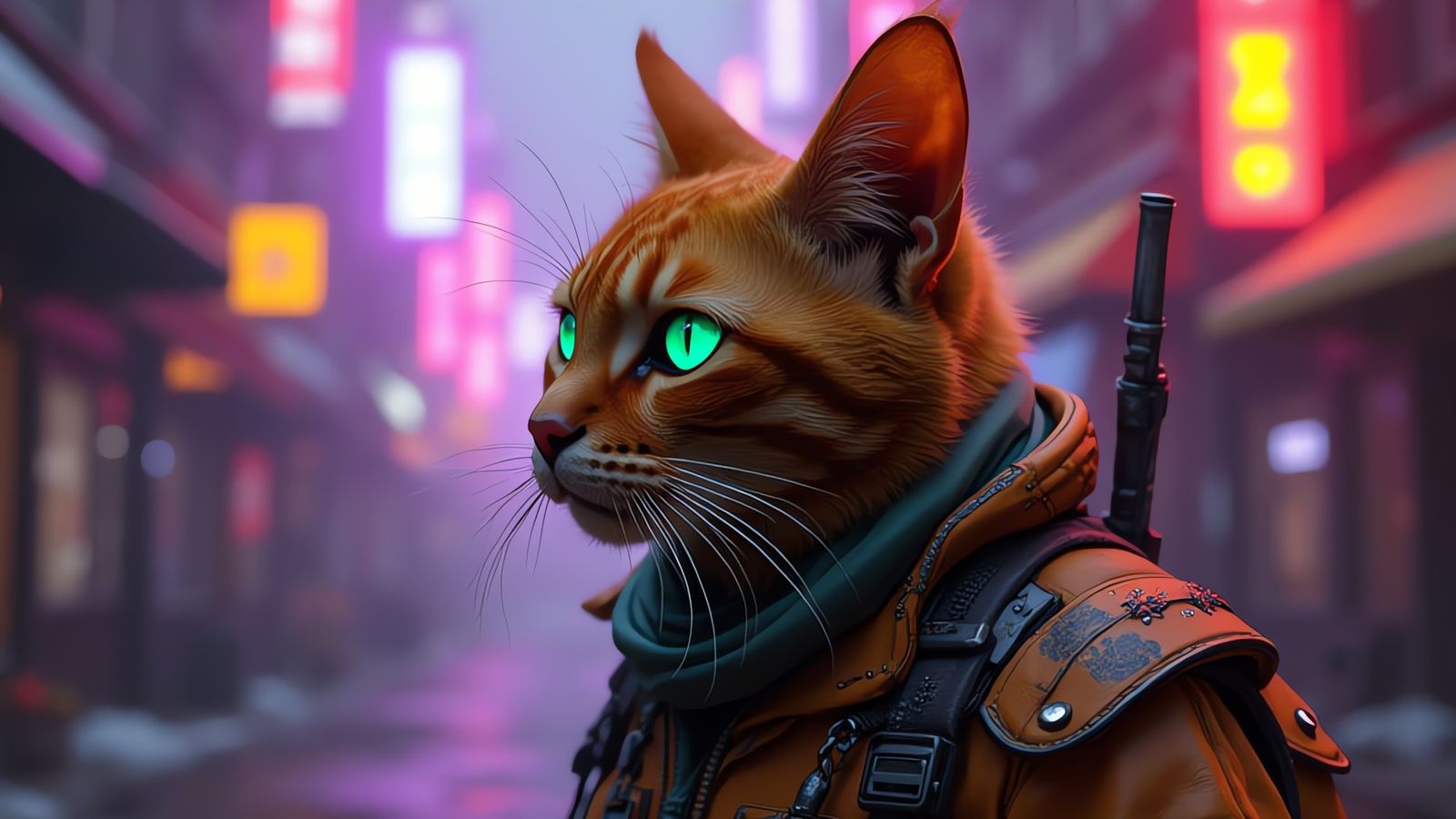 Cyberpunk Ginger Cat Navigates Neon-Lit Streets in Cyberpunk...