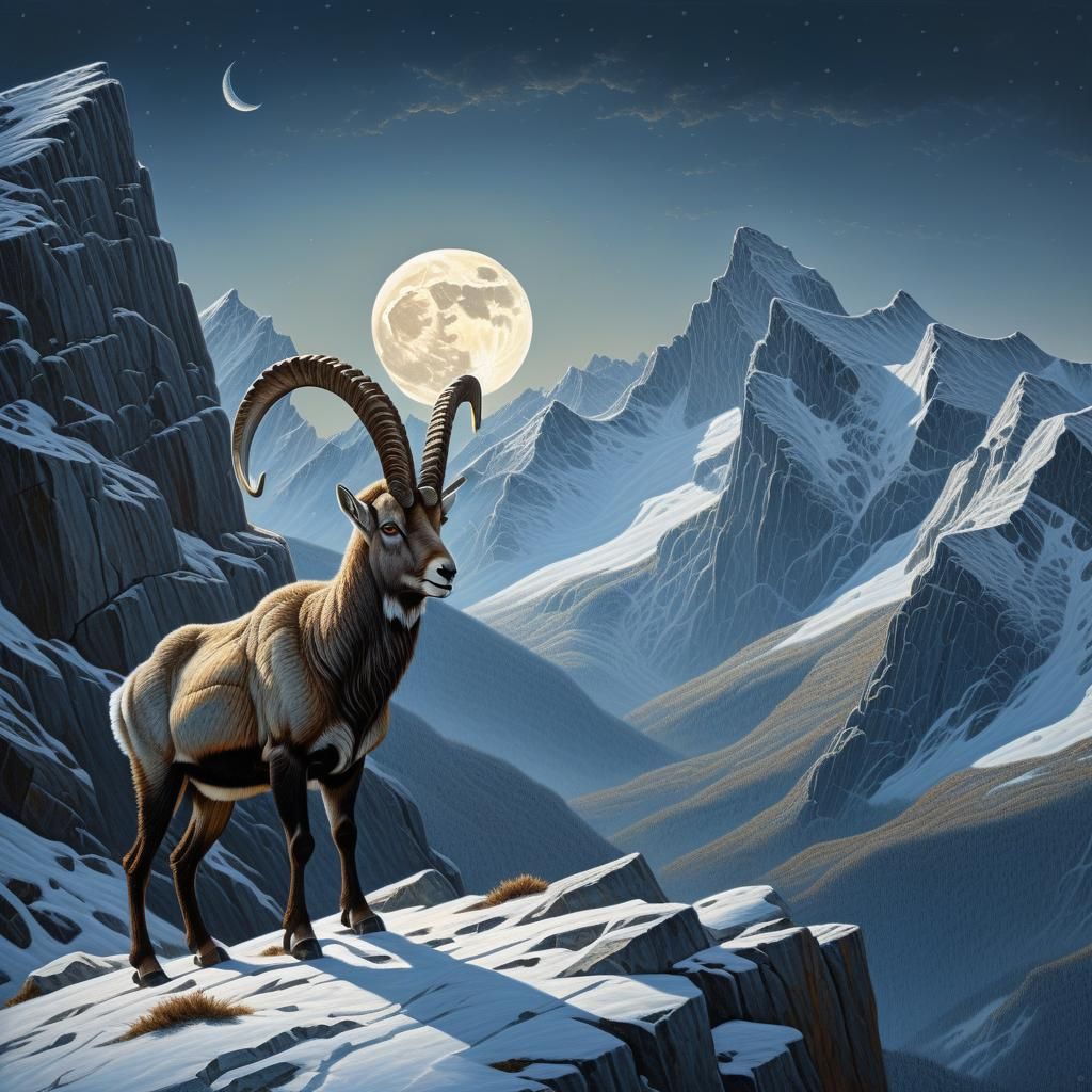 Alpine Ibex Observes Winter Landscape as Oil Painting