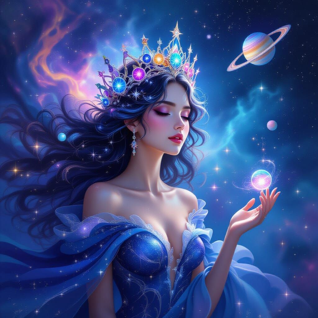 Celestial Queen of Nebulae and Planets in Cosmic Art Style