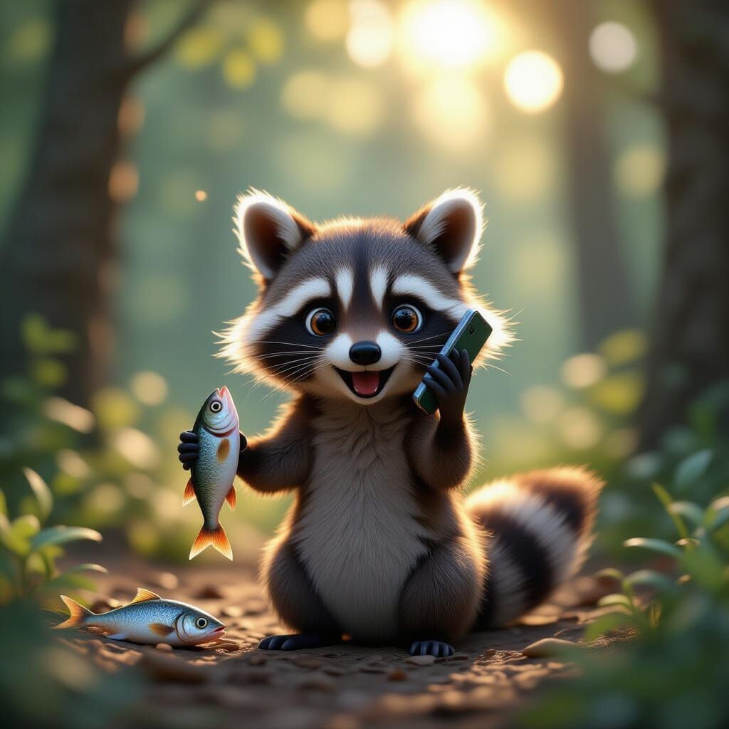 Raccoon Talking on Phone Holding Fish, Bokeh Forest