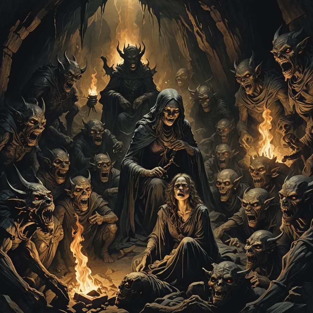 Woman Surrounded by Demons in Dark Fantasy Style