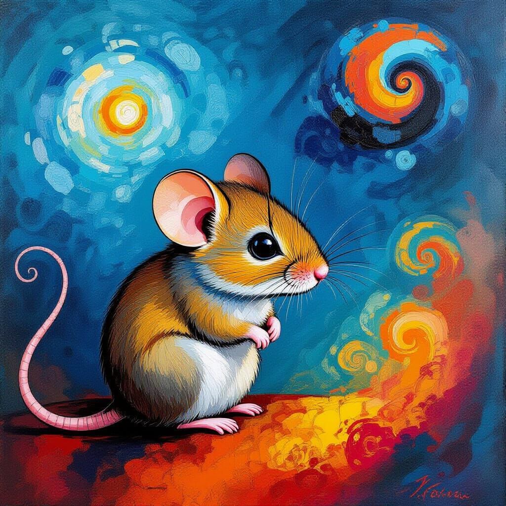 Sad Mouse Amidst Vibrant Abstract Swirls