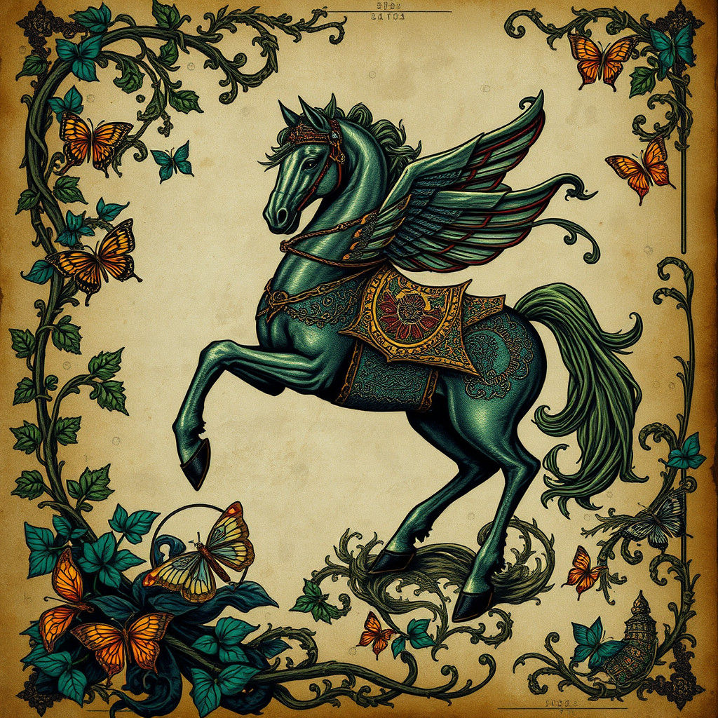 Regal Horse Prancing on Medieval Manuscript Page