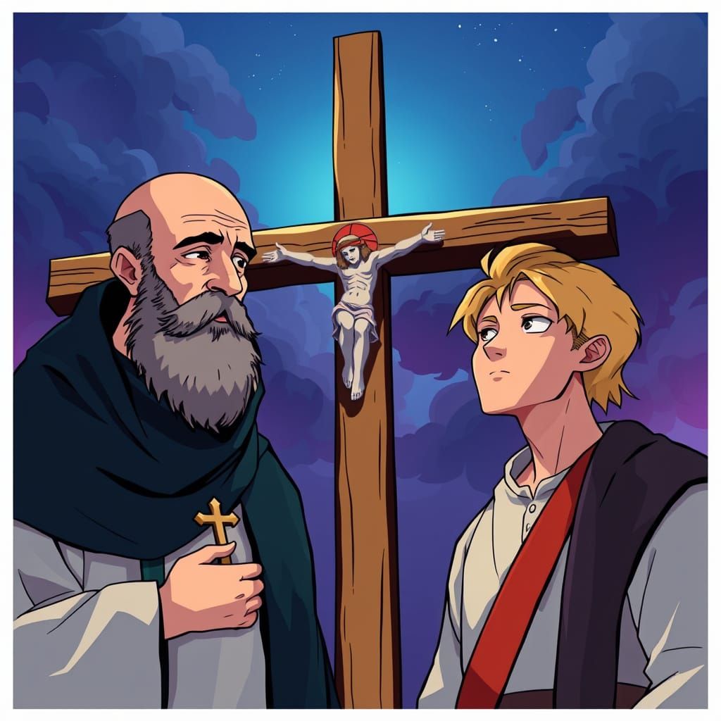 Two Saints Gather Around the Cross in Vibrant Manga-Inspired...
