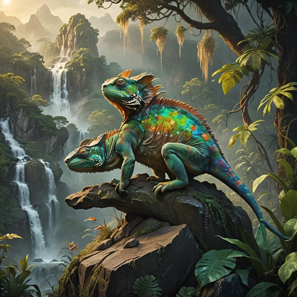 Chameleon-Fish-Lion Hybrid in Misty Jungle, Digital Art