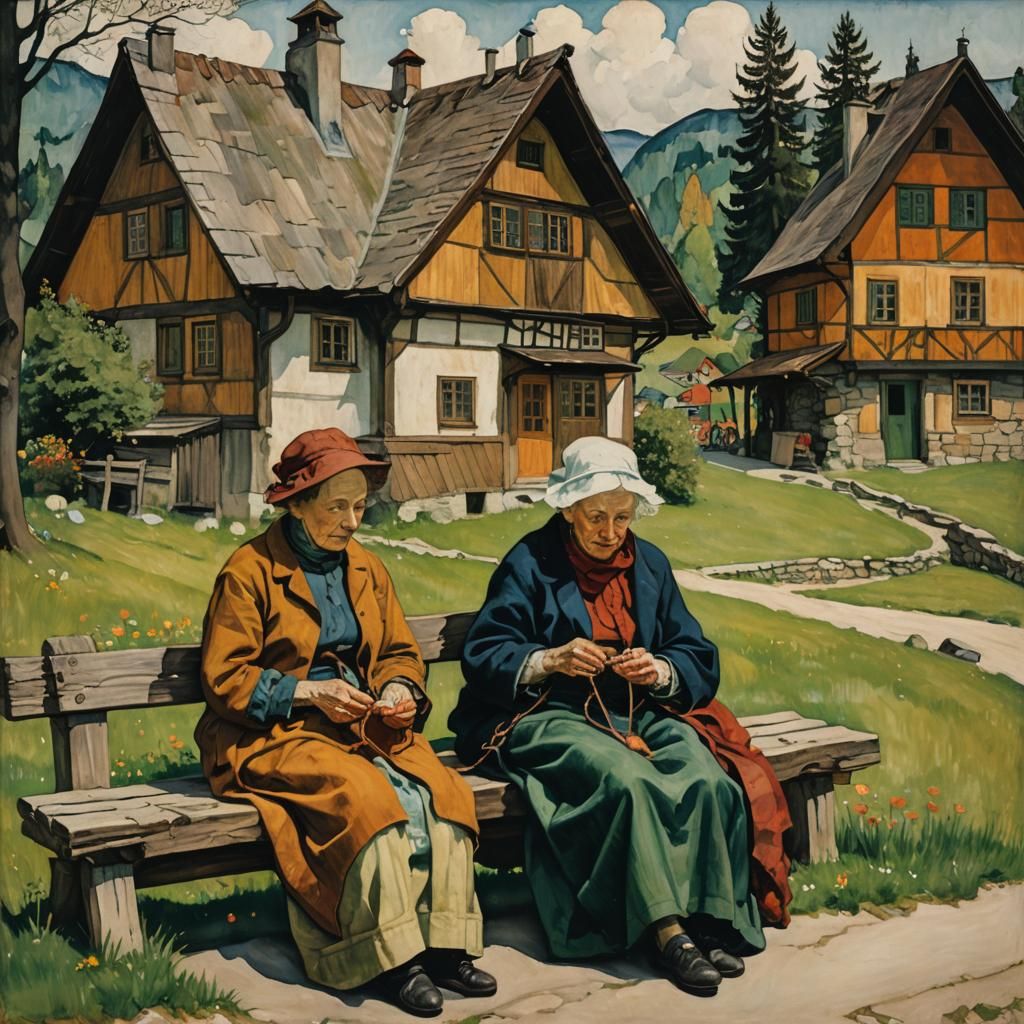 Women Knitting at Swiss Chalet, Expressionist Style