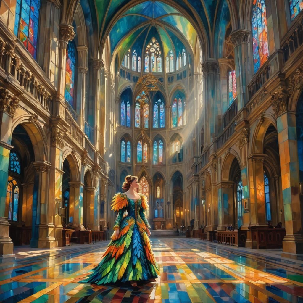 Ornate Cathedral Scene: Fauvist Oil Painting of Girl