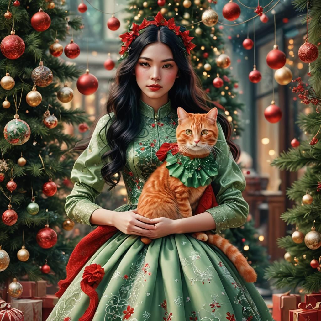 Christmas Cat and Art Nouveau Girl in Macro Photography
