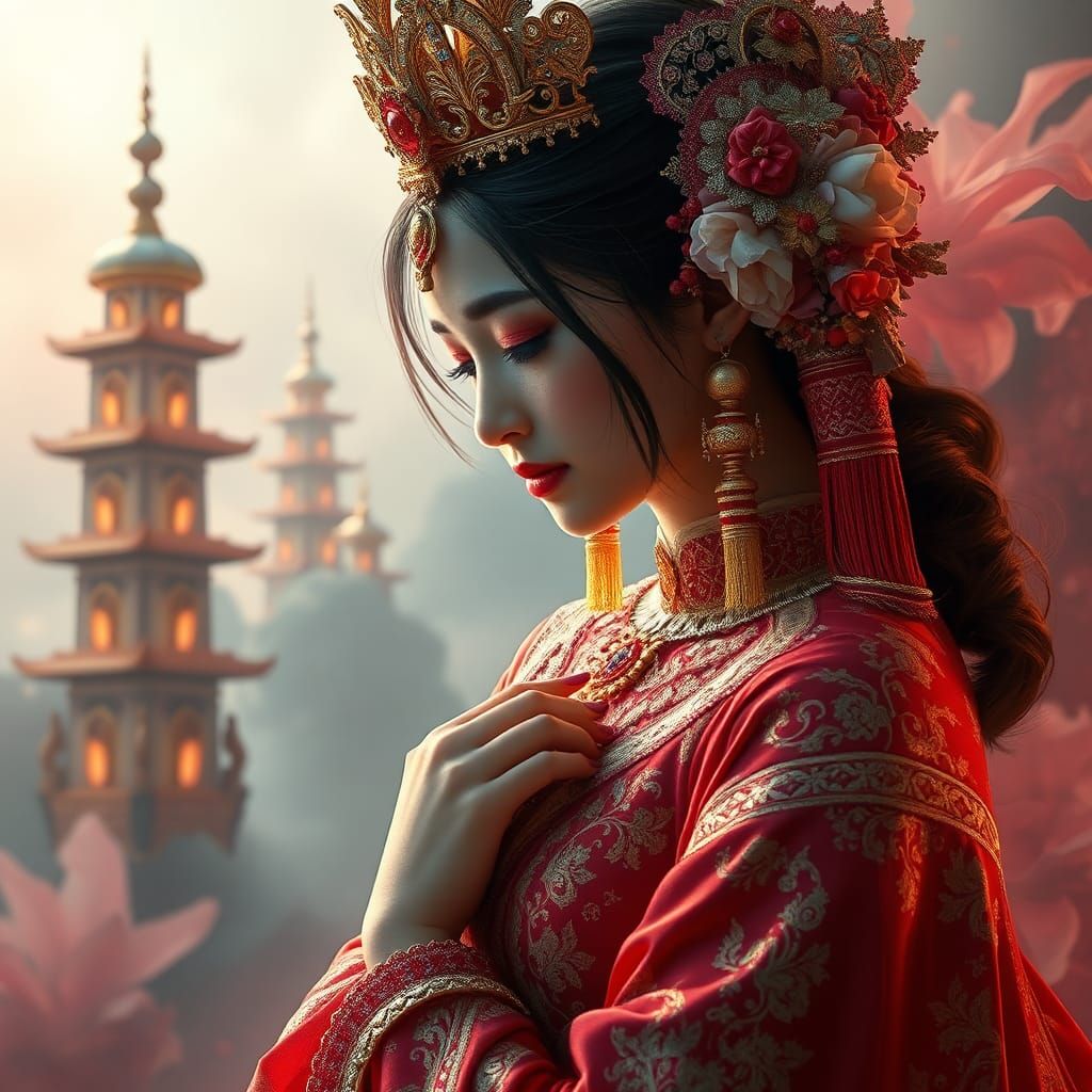 Woman in Baba-Nyonya Costume with Silver & Gold Smoke