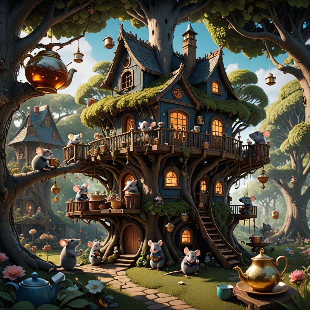 Mice Gather in Enchanted Treehouse Tea Party
