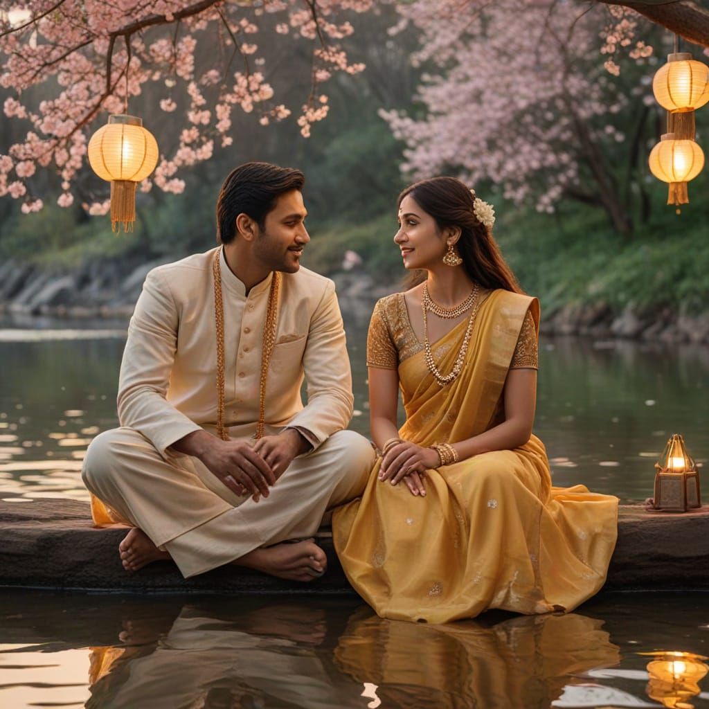 Romantic Indian Couple by River in Watercolor Style