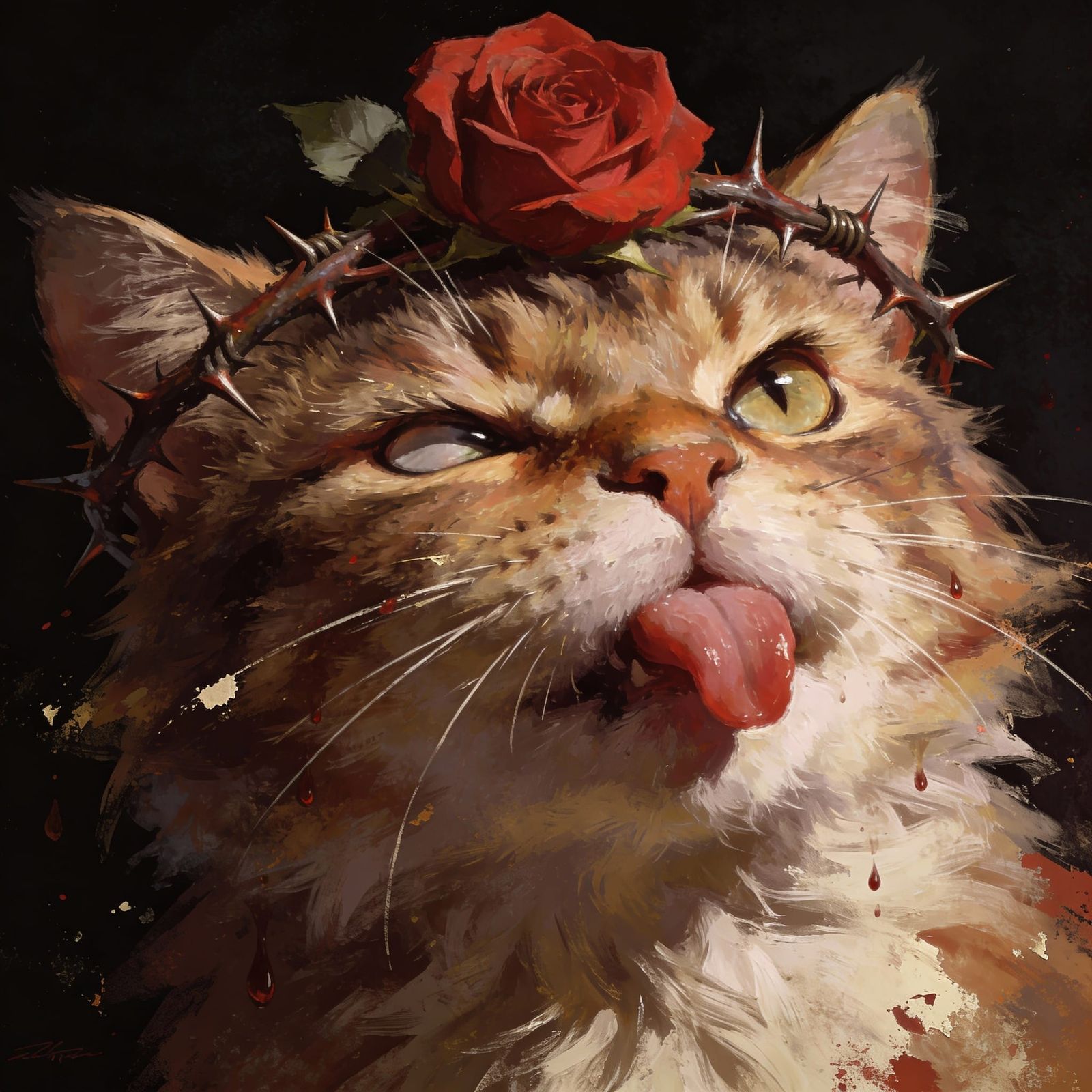 Grumpy Cat with Rose Petals, Chiaroscuro Style