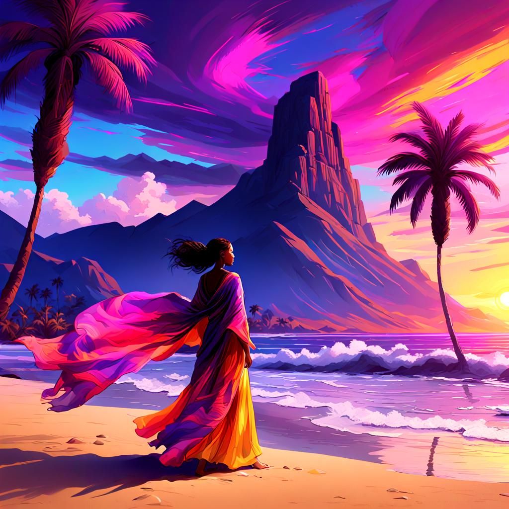 Sunset Beach Woman in Flowing Dress