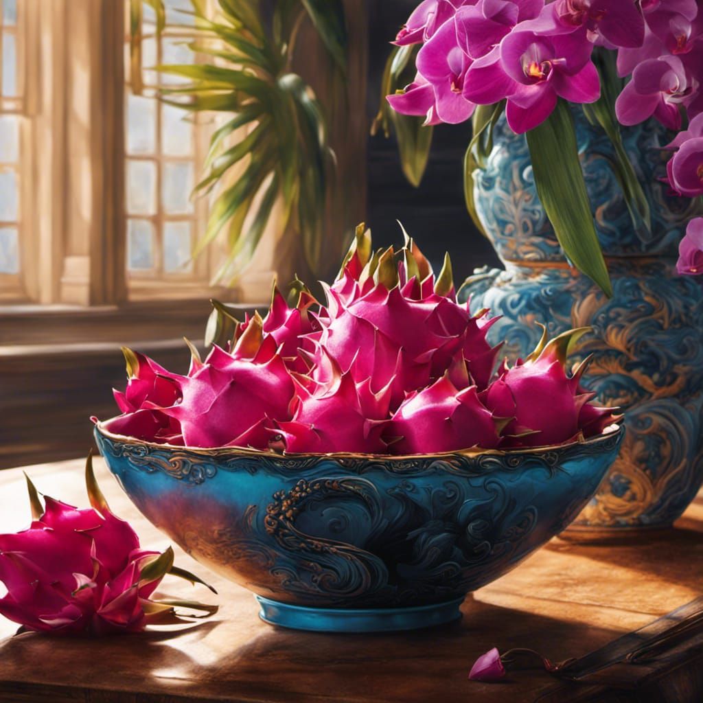 Hyperrealistic Dragon Fruit and Orchids in Vivid Colors
