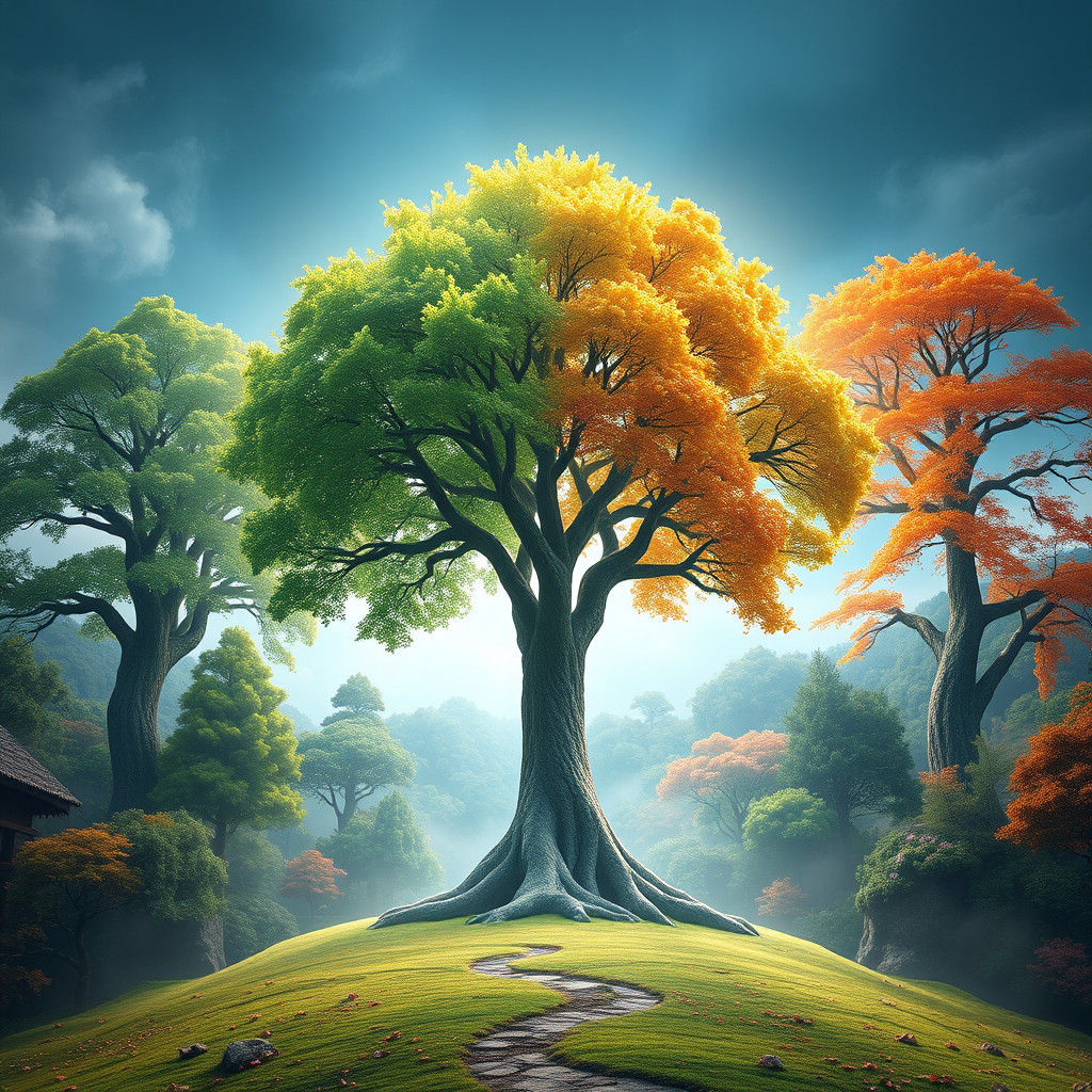 Four Seasons Trees Merge in Fantasy Landscape