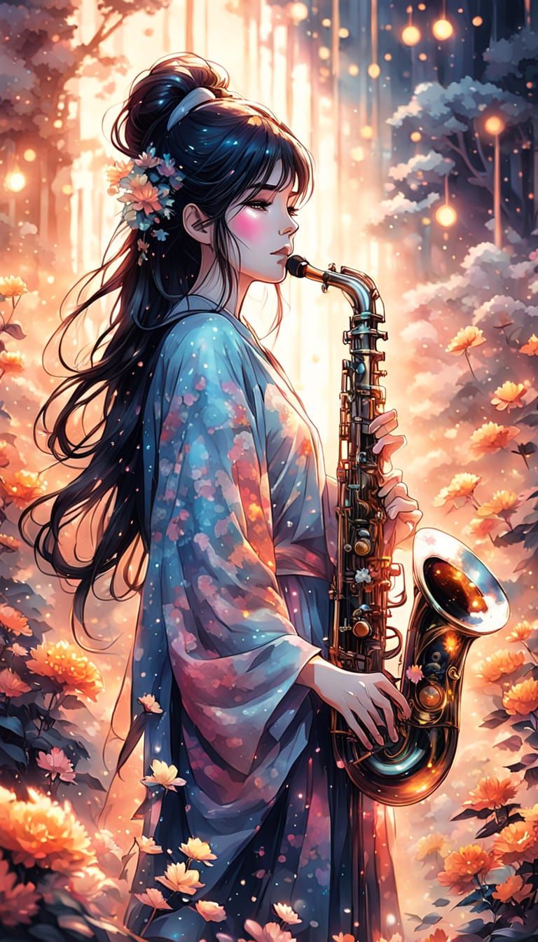 Anime Girl Serenades with Saxophone in a Dreamy, Watercolor ...