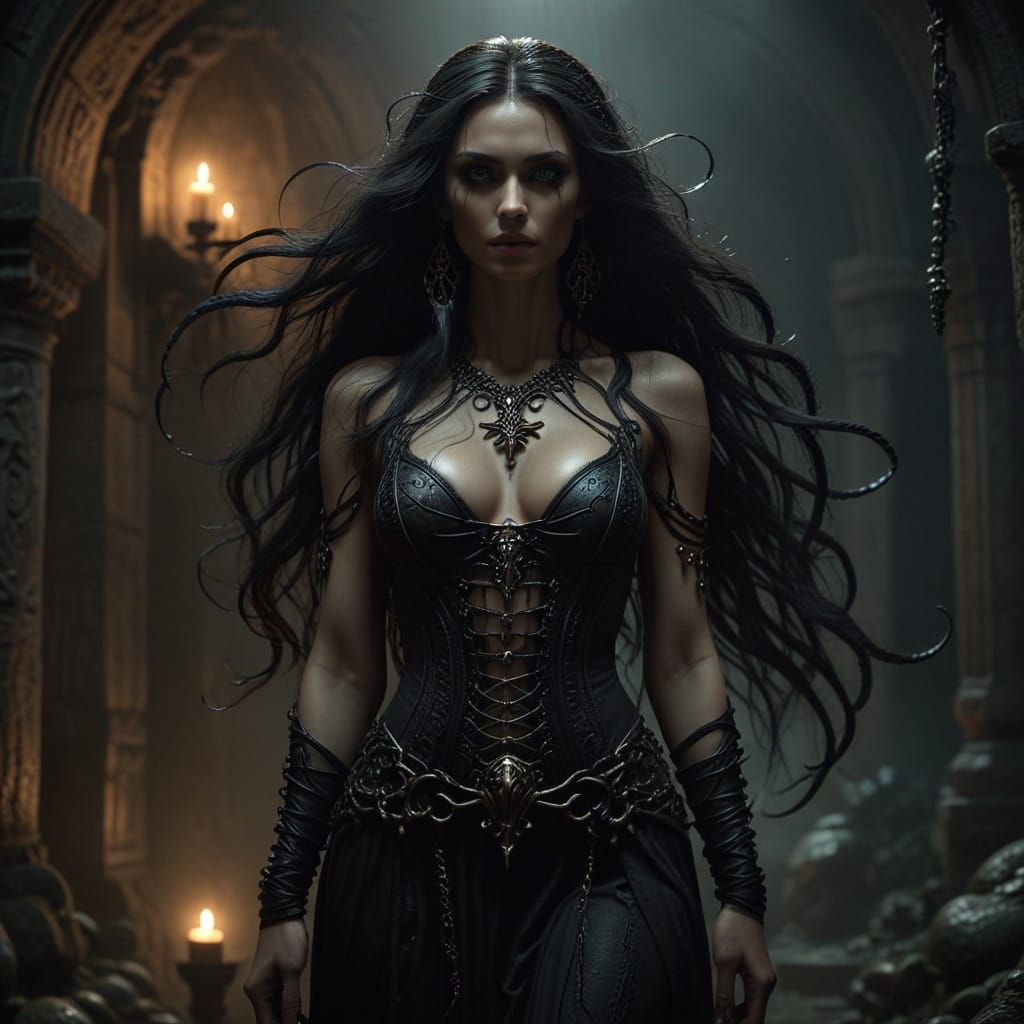 Dark Fantasy Priestess in Crypt, Inspired by Surrealism