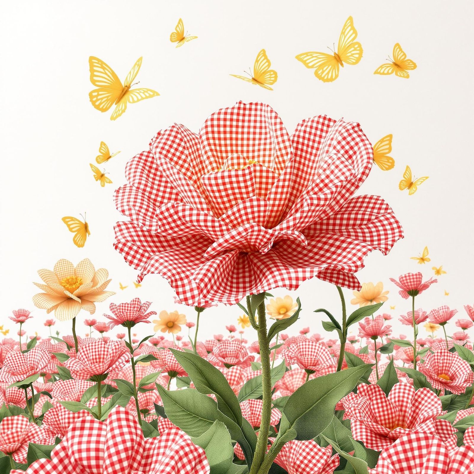beautiful butterflies made of yellow gingham cloth flying ov...