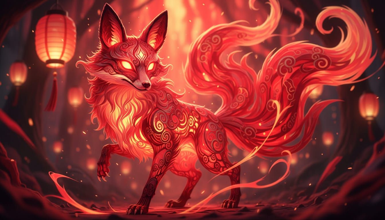 Red Lantern Fox Spirit in Paper Filigree