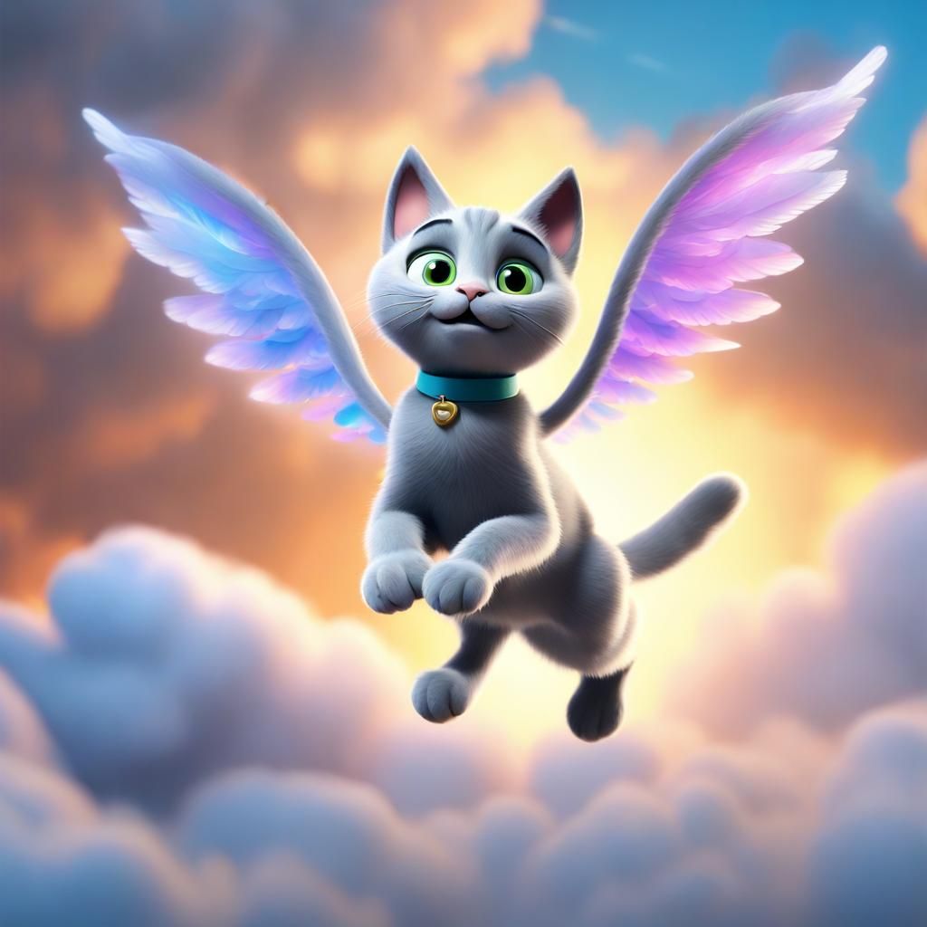 Winged Cat Ascends to Heaven: 3D Digital Art