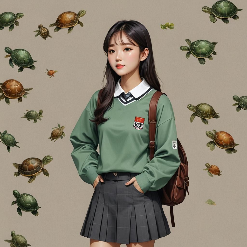 Cute Korean Girl with Turtle in School Outfit