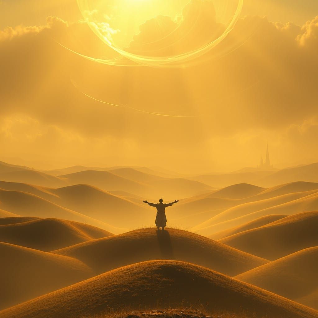 Tranquil Fantasy Landscape with Outstretched Figure