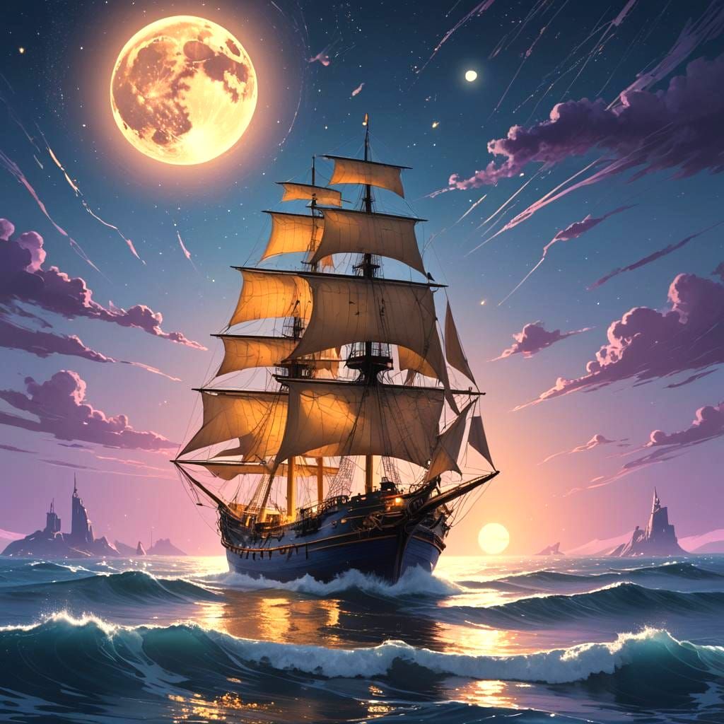 Golden Ship on Blue Sea in Fantasy Art